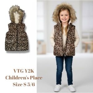 Children’s Place VTG Y2K Vest Animal Print Sequins Faux Fur Hooded Girl’s S 5/6